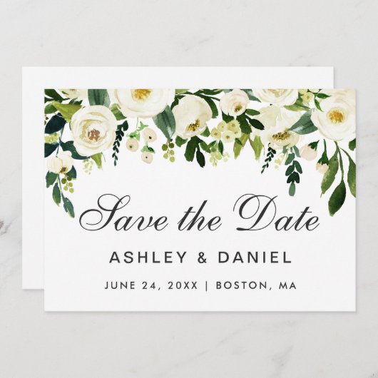 Save The Date Aquarelle Floral Vert Blanc Enregistrer La Date (Devant / Derrière)