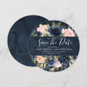Save The Date Aquarelle Florale Bleu Nuit Profond Blush (Devant / Derrière)
