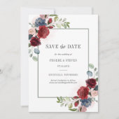 Save The Date Aquarelle Florale Bourgogne Dusty Bleu Rustique (Devant)
