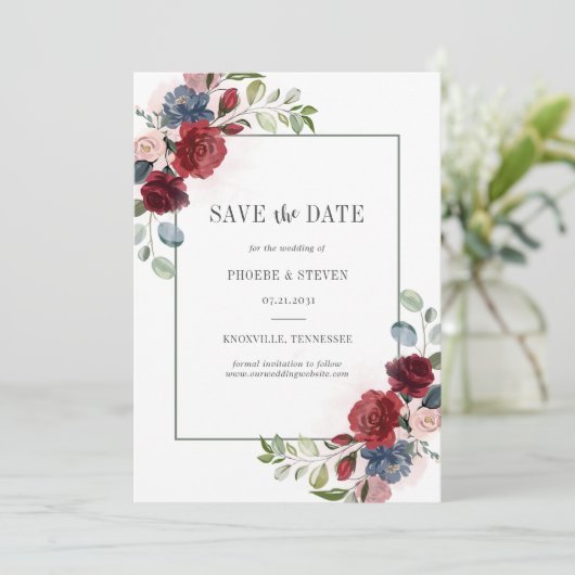 Save The Date Aquarelle Florale Bourgogne Dusty Bleu Rustique (Debout devant)