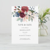 Save The Date Aquarelle Florale Bourgogne Dusty Bleu Rustique (Debout devant)