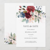 Save The Date Aquarelle Florale Bourgogne Dusty Bleu Rustique (Devant / Derrière)