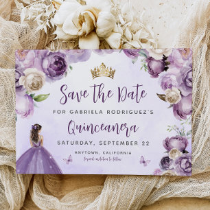 Save The Date Aquarelle florale d'ivoire pourpre Quinceañera