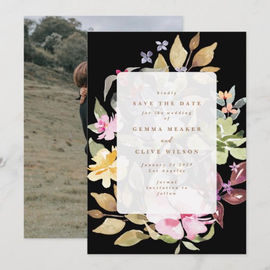 Save The Date Aquarelle florale noire Mariage photo (Devant / Derrière)