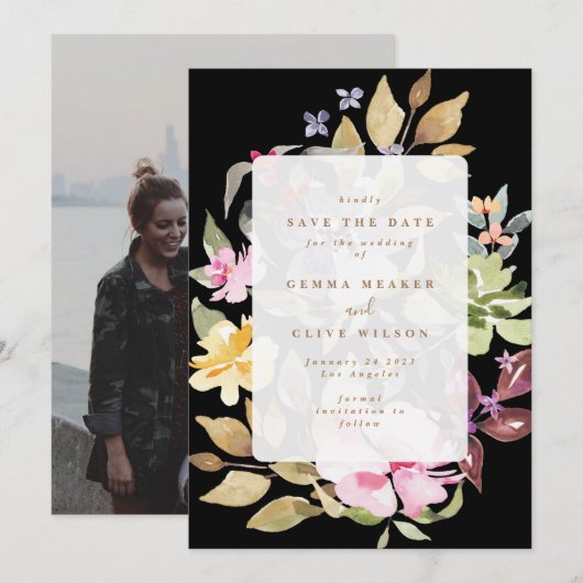 Save The Date Aquarelle florale noire Mariage photo (Devant / Derrière)
