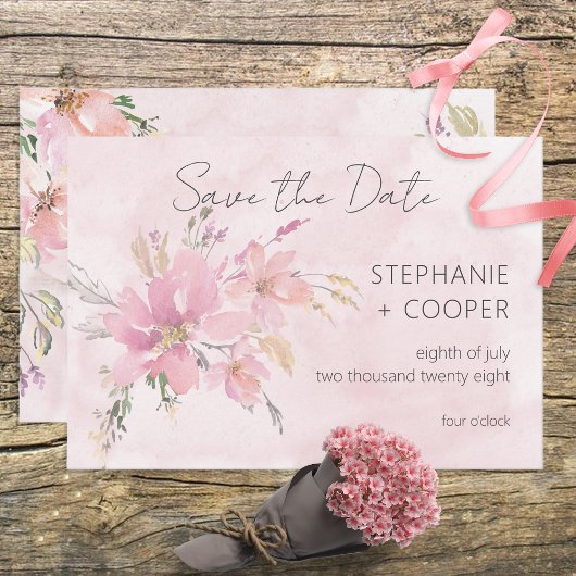Save The Date Aquarelle florale rose bleu Mariage moderne