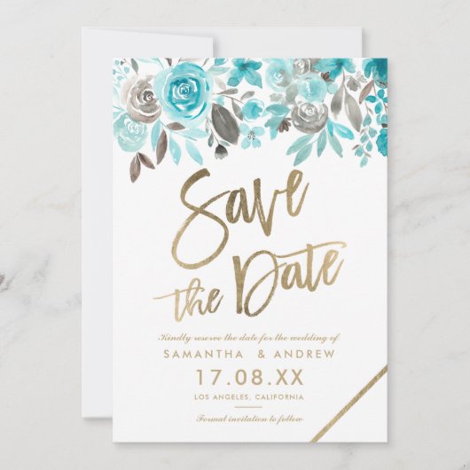 Save The Date Aquarelle florale turquoise or enregistrer la date (Devant)