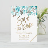 Save The Date Aquarelle florale turquoise or enregistrer la date (Debout devant)