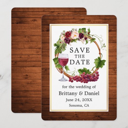 Save The Date Aquarelle Florale Vins de raisin Wreath Bois (Devant / Derrière)