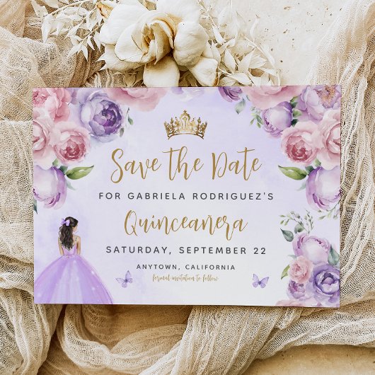 Save The Date Aquarelle Florale violette or Quinceañera