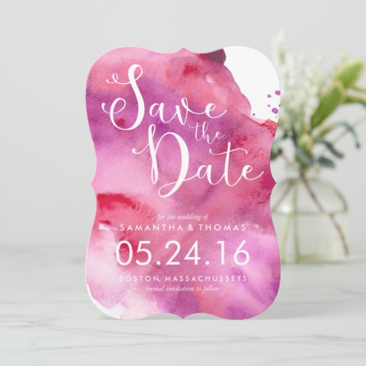Save The Date Aquarelle Fuchsia et violet Enregistrer la date (Debout devant)