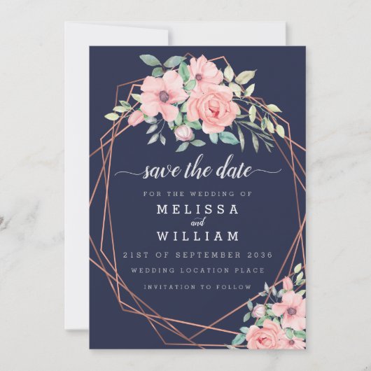Save The Date Aquarelle géométrique en cuivre de marine Mariage (Devant)