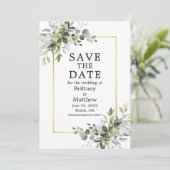 Save The Date Aquarelle Gold Frame Botanical Green Photo (Debout devant)