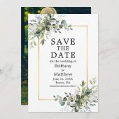 Save The Date Aquarelle Gold Frame Botanical Green Photo (Devant / Derrière)