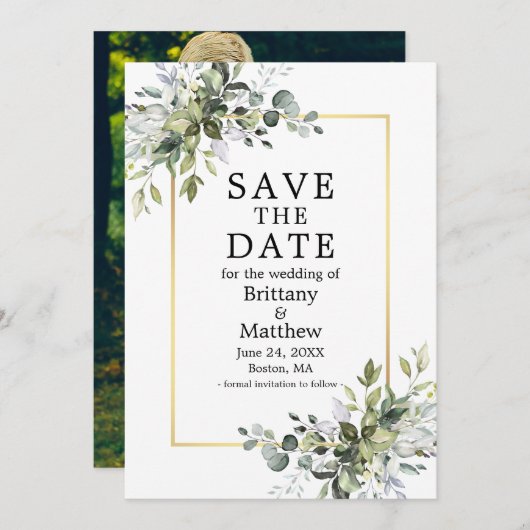 Save The Date Aquarelle Gold Frame Botanical Green Photo (Devant / Derrière)