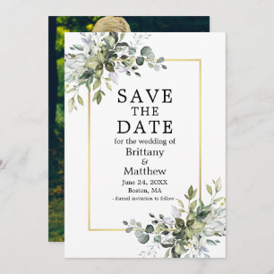 Save The Date Aquarelle Gold Frame Botanical Green Photo