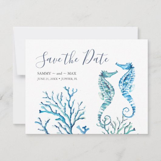Save The Date Aquarelle Hippocampe et corail Enregistrer la date (Devant)