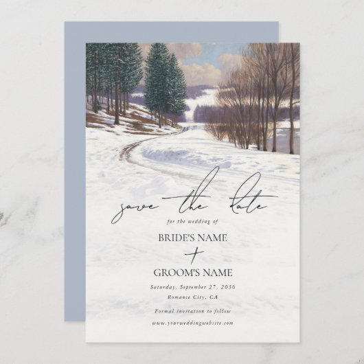 Save The Date Aquarelle Hiver Mariage paysage neige (Devant / Derrière)