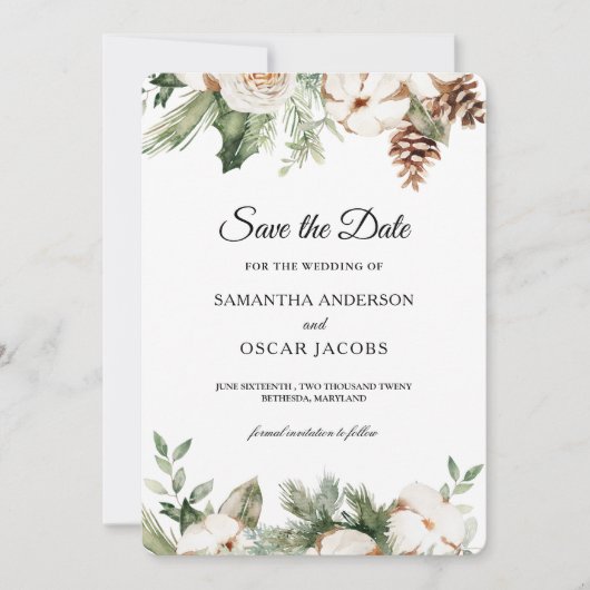 Save The Date Aquarelle Hiver Pin vert Arbre et Fleurs blanches (Devant)