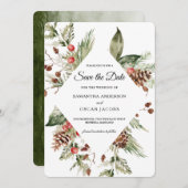 Save The Date Aquarelle Hiver Pine verte Arbre et Pine Cône (Devant / Derrière)