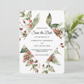 Save The Date Aquarelle Hiver Pine verte Arbre et Pine Cône (Debout devant)