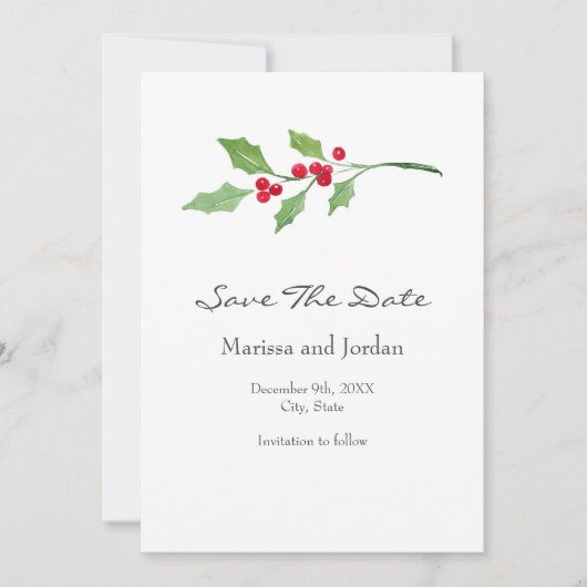 Save The Date Aquarelle Holly Sprig (Devant)