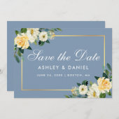 Save The Date Aquarelle Jaune Blanc Floral Dusty Blue (Devant / Derrière)