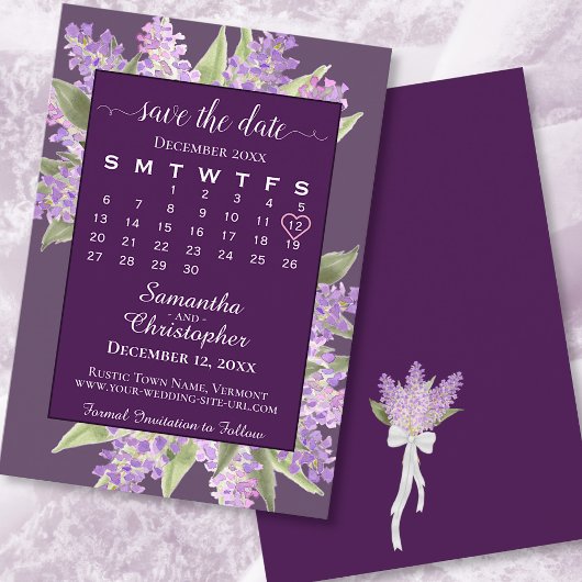 Save The Date Aquarelle Lilacs & Calendrier Plum Purple Mariage
