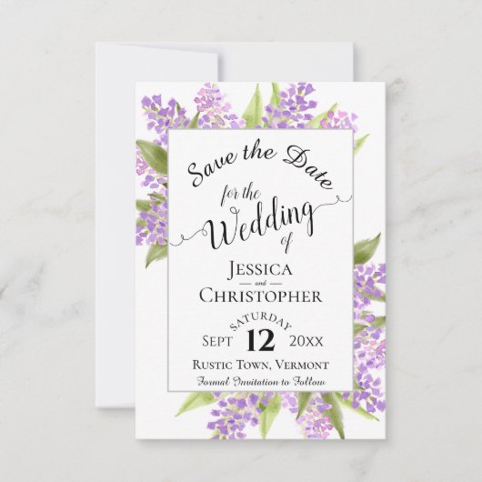 Save The Date Aquarelle Lilacs et calligraphie Mariage simple (Devant)