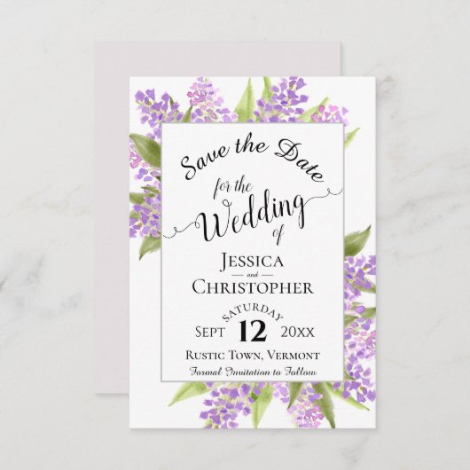 Save The Date Aquarelle Lilacs et calligraphie Mariage simple (Devant / Derrière)
