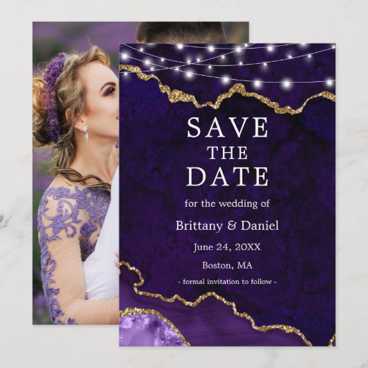 Save The Date Aquarelle Lumières de Géode d'Agate de Marbre Viol (Devant / Derrière)