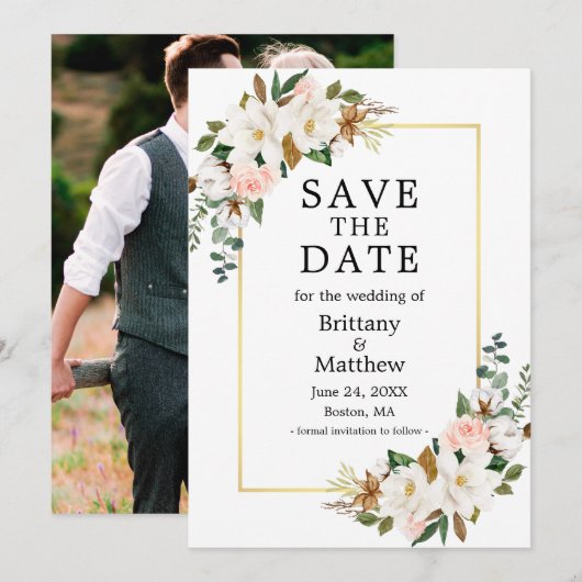 Save The Date Aquarelle Magnolias Rose Gold Frame Photo (Devant / Derrière)