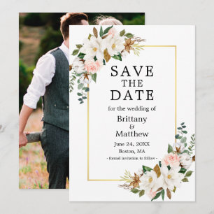 Save The Date Aquarelle Magnolias Rose Gold Frame Photo
