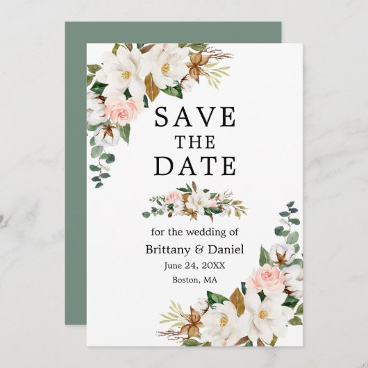 Save The Date Aquarelle Magnolias Roses Sage Green (Devant / Derrière)
