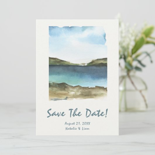 Save The Date Aquarelle Main Tirée Plage Rétro Mariage unique (Debout devant)