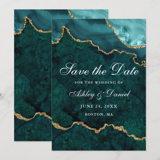 Save The Date Aquarelle Marbre Télésiose Or Géode (Devant / Derrière)