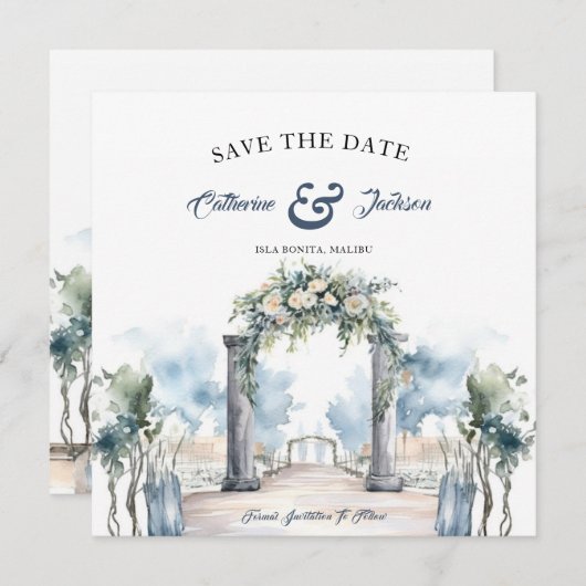 Save The Date Aquarelle mariage de plage bleu poussiéreux et aqu (Devant / Derrière)
