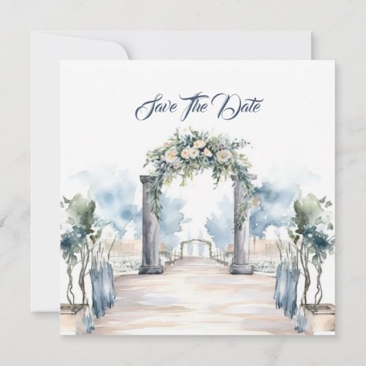 Save The Date Aquarelle mariage de plage bleu poussiéreux et aqu (Dos)