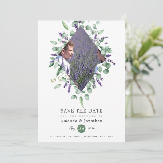 Save The Date Aquarelle mariage eucalyptus lavande verdure (Debout devant)