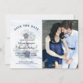 Save The Date Aquarelle marine Ancre florale Photo bleu marine (Devant)