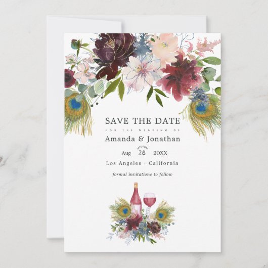 Save The Date Aquarelle Marsala et Fleurs Roses Mariage Économis (Devant)