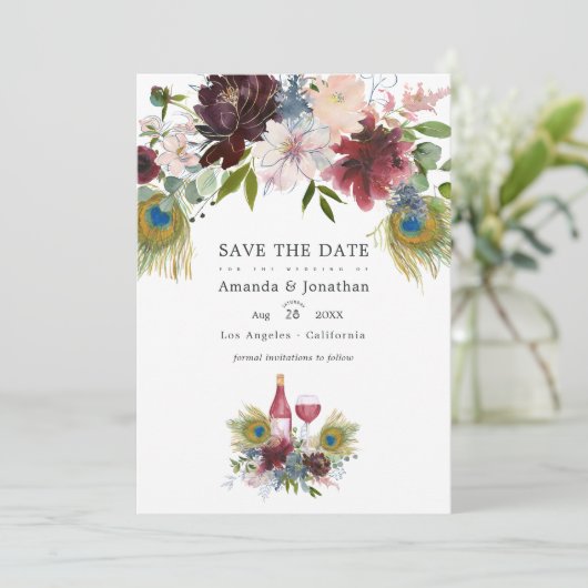Save The Date Aquarelle Marsala et Fleurs Roses Mariage Économis (Debout devant)