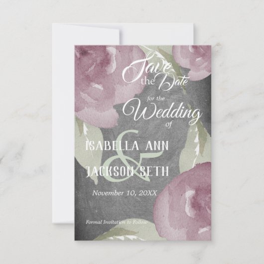 Save The Date Aquarelle mauve Floral et Chalkboard (Devant)