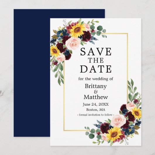 Save The Date Aquarelle mélangée Floral Blue or élégant (Devant / Derrière)