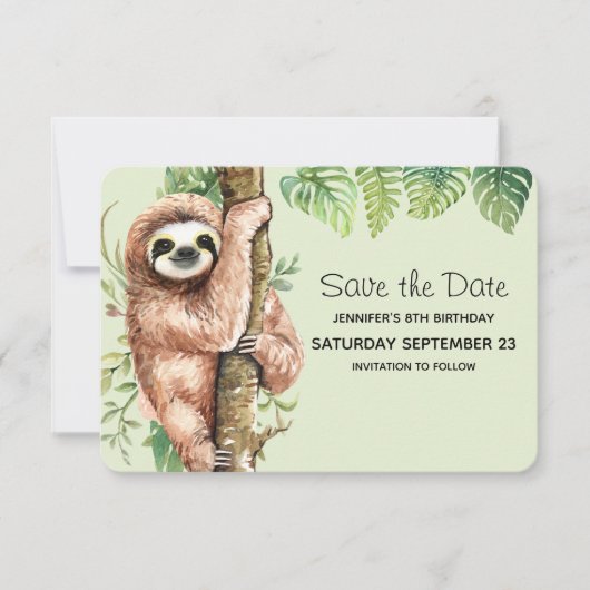 Save The Date Aquarelle mignonne Sloth & Feuilles tropicaux (Devant)