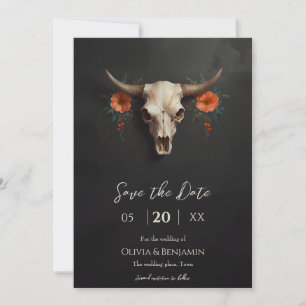 Save The Date Aquarelle minimaliste Mariage crâne de vache flora