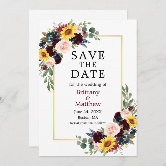 Save The Date Aquarelle Mixte Floral Elégant Cadre Or (Devant / Derrière)