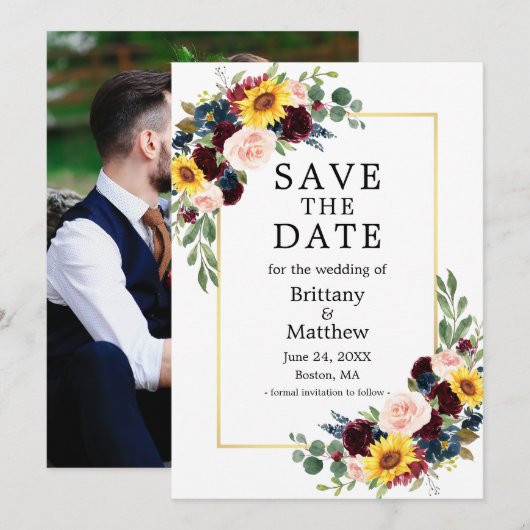 Save The Date Aquarelle Mixte Floral Gold Frame Photo Élégante (Devant / Derrière)