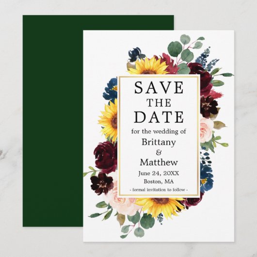 Save The Date Aquarelle Mixte Floral Or Cadre Vert (Devant / Derrière)