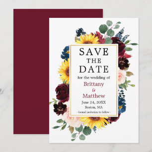 Save The Date Aquarelle Mixte Floral Or Frame Bourgogne